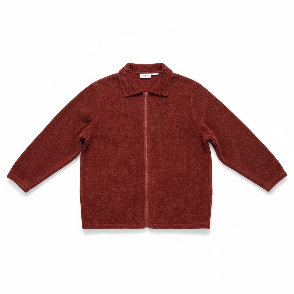 White Stag Woman Burgundy Chenille Full Zip Cardigan Sweater Pointed Collar
